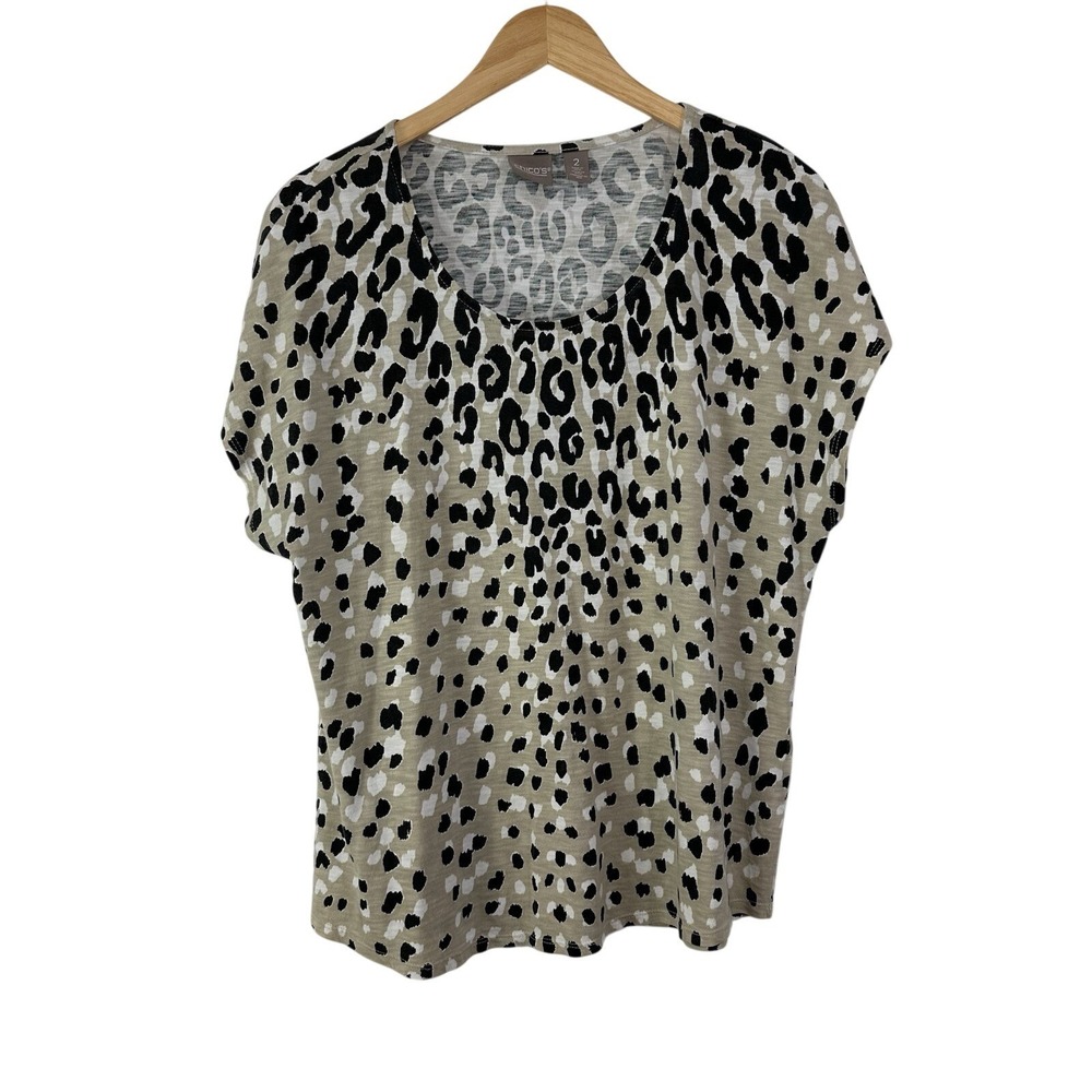 Chico's Animal Print Knit Top Womens Sz. 2 (Large) Tan Cotton Modal Short Sleeve